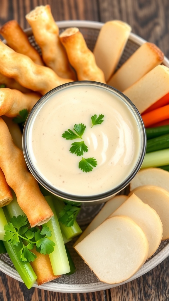 Creamy Parmesan dipping sauce in a bowl with parsley, served with breadsticks and vegetable sticks.